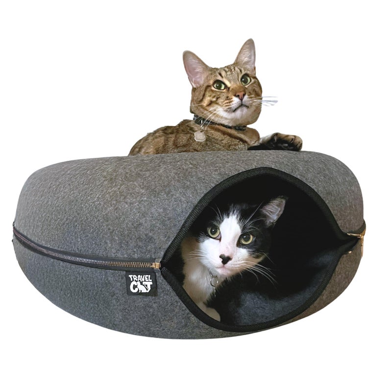 Your Cat Backpack Travel Cat Tunnel Bed Cave - 21 Inch Large Premium Grey Round Donut Cat Cave for Indoor Cats, Kitten - Detachable Cat Hideaway Cat Bed with Tunnel for Playing, Scratching, Sleeping - Image 1